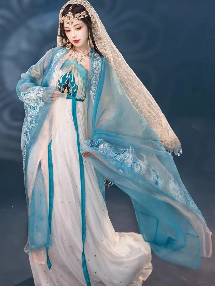 BlueDail Blue Sacred Fire Embroidery Hanfu Clothing Daily Wear(4Pcs)-Lovesyouforever