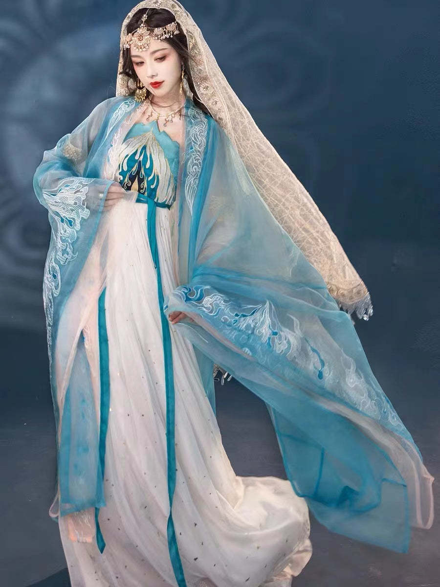 BlueDail Blue Sacred Fire Embroidery Hanfu Clothing Daily Wear(4Pcs)-Lovesyouforever