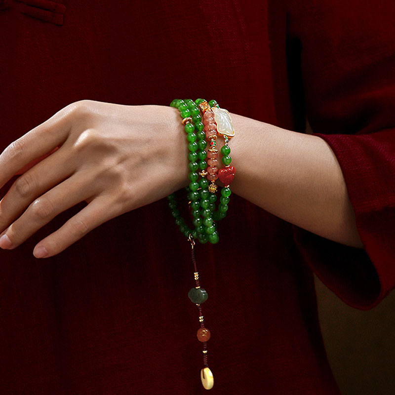 Vintage Chinese Style Spinach Green Natural Jade Beaded Necklace with Multi-Gemstone-Lovesyouforever