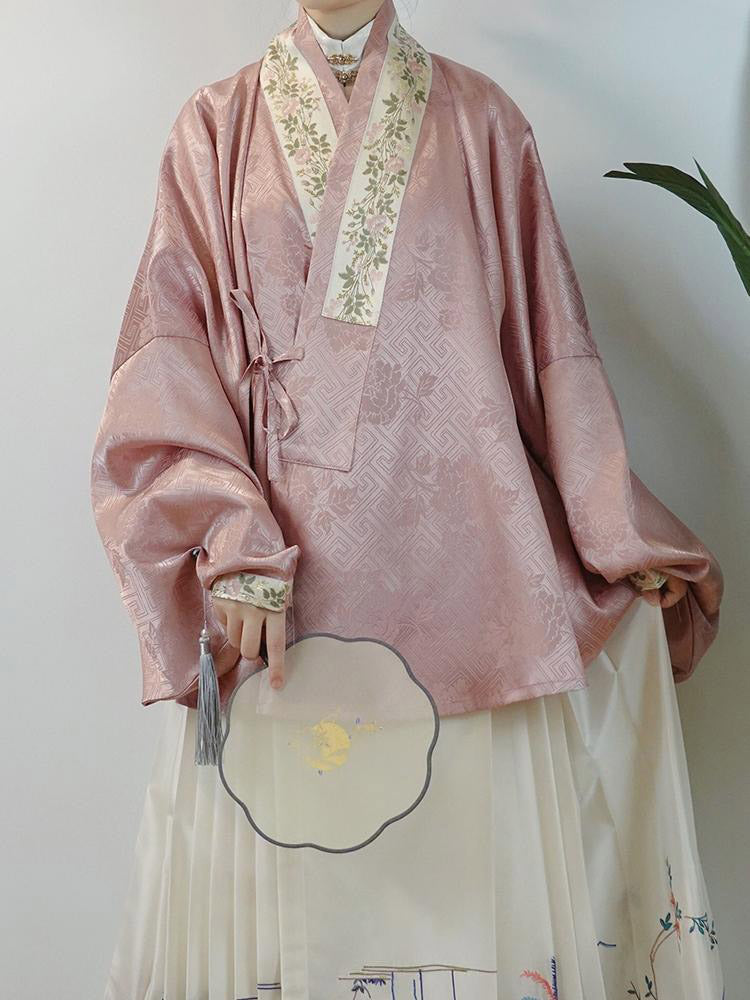 Chinese Style Ming Dynasty Pipa Sleeve Embroidered Dark-patterned Cross-collar Top for Women-Lovesyouforever
