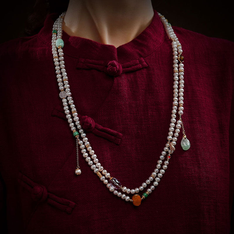 Exclusive Design Chinese Style Vintage Pearl Necklace with Fine Jade Tourmaline Gems-Lovesyouforever