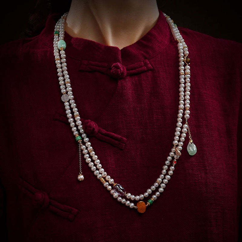 Exclusive Design Chinese Style Vintage Pearl Necklace with Fine Jade Tourmaline Gems-Lovesyouforever