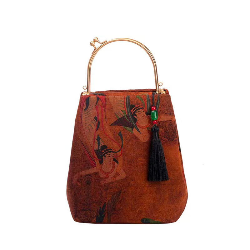 Vintage Chinese Style Retro Brown Feitian Flying Apsaras Silk Handbag with Tassel Charm-Lovesyouforever