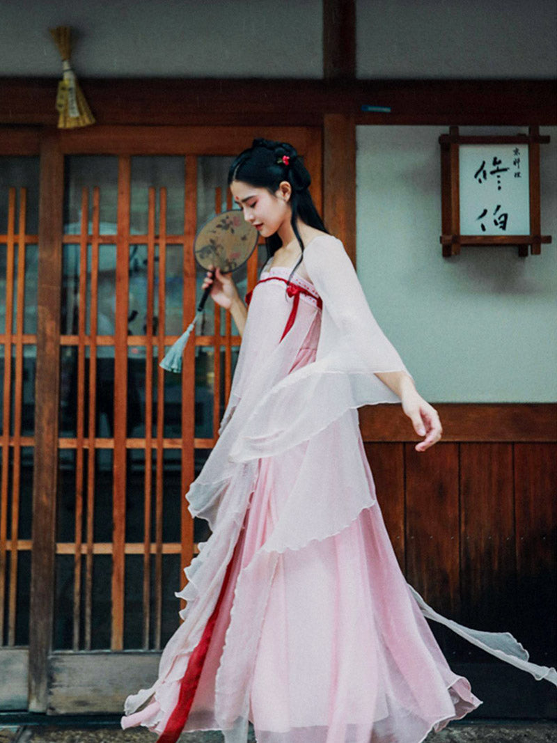 Handmade Pink Modern Hanfu Dess Daily Hanfu Skirt Chinese Style Chiffon Fairy Dress-Lovesyouforever