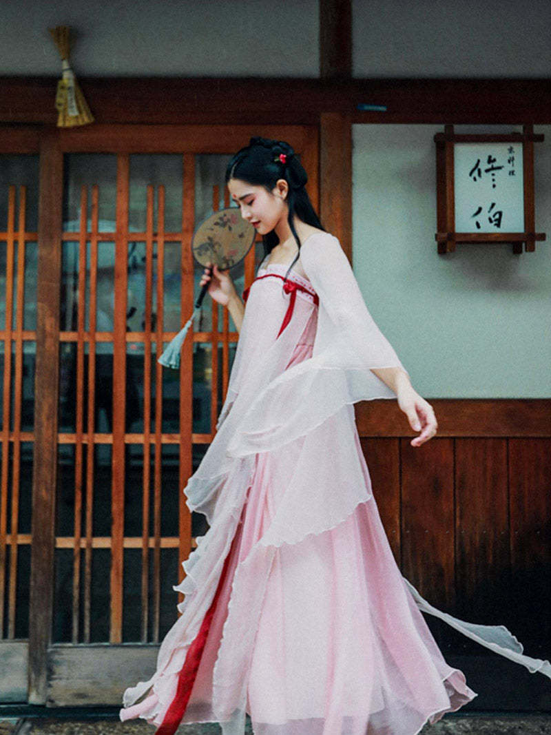 Handmade Pink Modern Hanfu Dess Daily Hanfu Skirt Chinese Style Chiffon Fairy Dress-Lovesyouforever