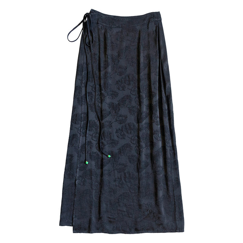 Black Vintage Chinese-style Feather Pattern Jacquard Midi Skirt for Women-Lovesyouforever
