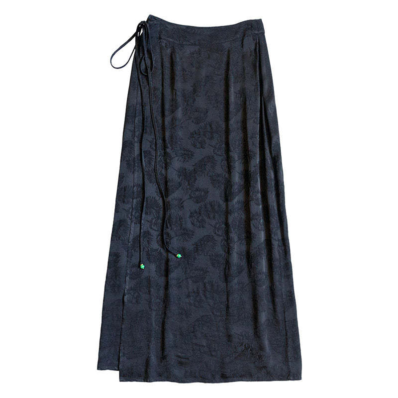 Black Vintage Chinese-style Feather Pattern Jacquard Midi Skirt for Women-Lovesyouforever