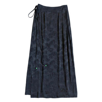 Black Vintage Chinese-style Feather Pattern Jacquard Midi Skirt for Women-Lovesyouforever