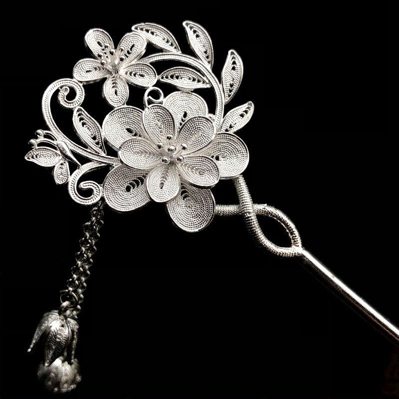 Handcrafted Vintage Chinese Style 999 Sterling Silver Filigree Flowers on the Branch with Butterfly, Flower Buds Tassel Hairpin-Lovesyouforever