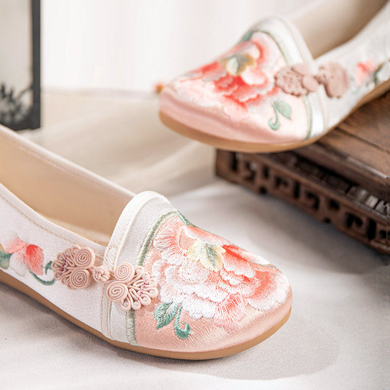 Vintage Peony Flower Embroidered Flat Shoes with Delicate Chinese Buckle-Lovesyouforever