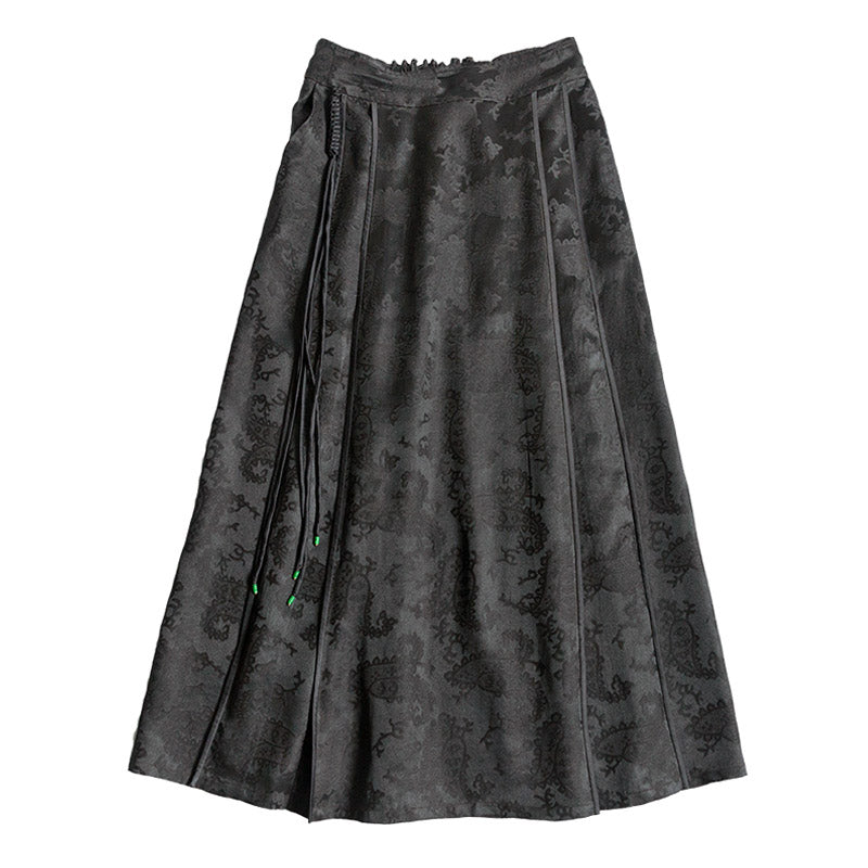 New Chinese-style Black Vintage Pattern Mulberry Silk Midi Skirt Mamianqun Skirt-Lovesyouforever