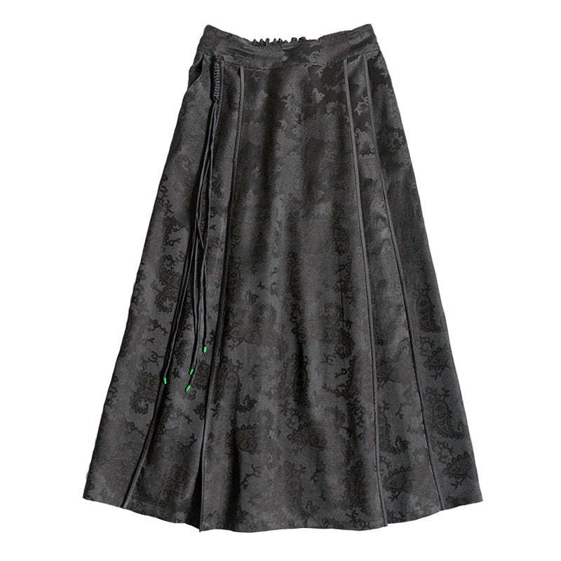 New Chinese-style Black Vintage Pattern Mulberry Silk Midi Skirt Mamianqun Skirt-Lovesyouforever