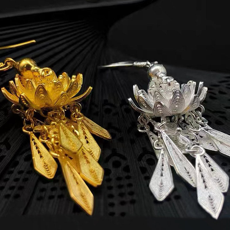 Handcrafted 999 Sterling Silver Women's Vintage  Flower Lotus Tassel Filigree Earrings-Lovesyouforever