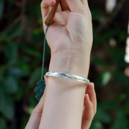 Hand Carved Vintage Chinese Bamboo Leaf Pattern Pure Solid Silver Bangle Bracelet Jewelry Gift-Lovesyouforever