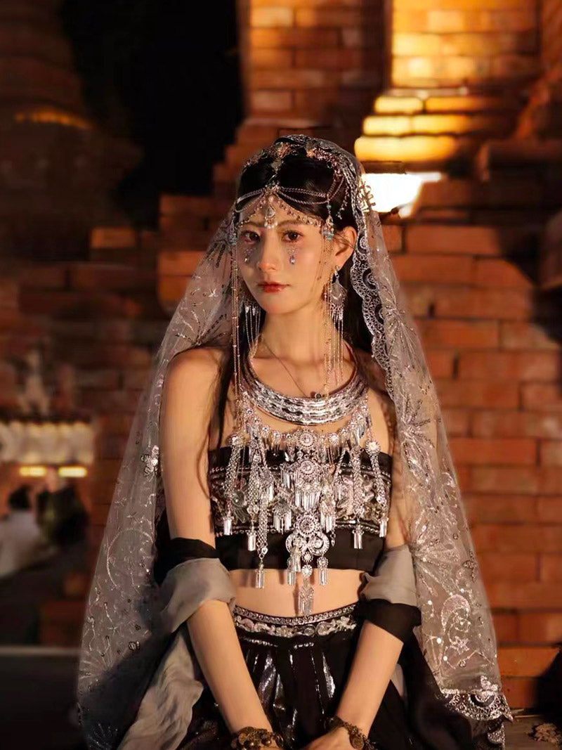 Black Gothic Style Embroidery Dunhuang Feitian Hanfu Costume Skirt Set-Lovesyouforever