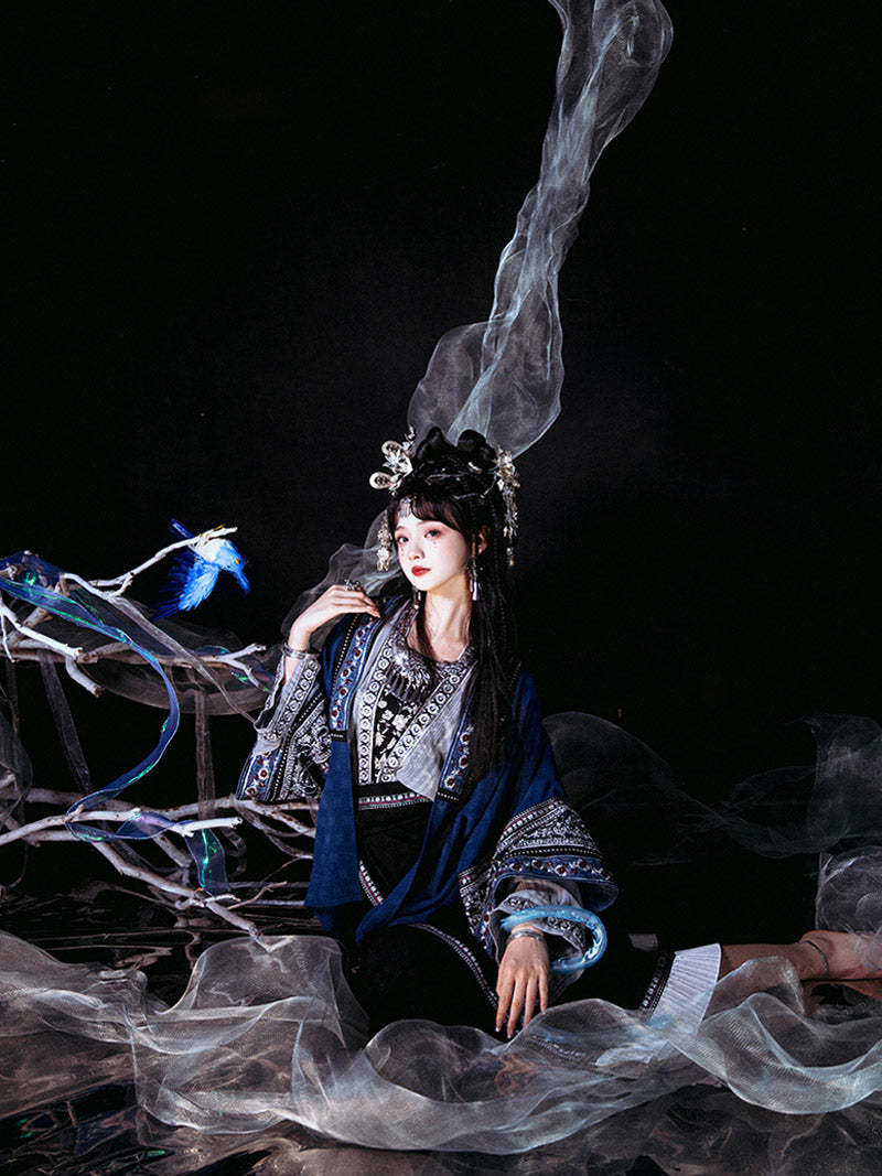 Miao Ethnic Minority Blue Embroidery Morden Hanfu Skirt Set-Lovesyouforever