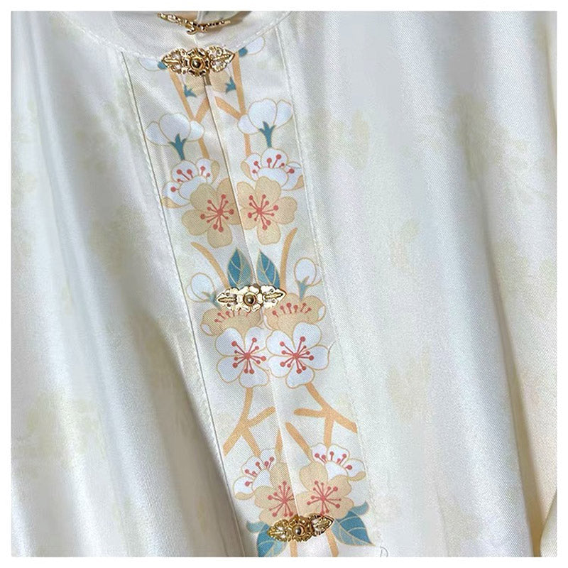Ming Dynasty Stand-up Collar Beige Printed Front Placket Improved Daily Hanfu Shirt Top-Lovesyouforever