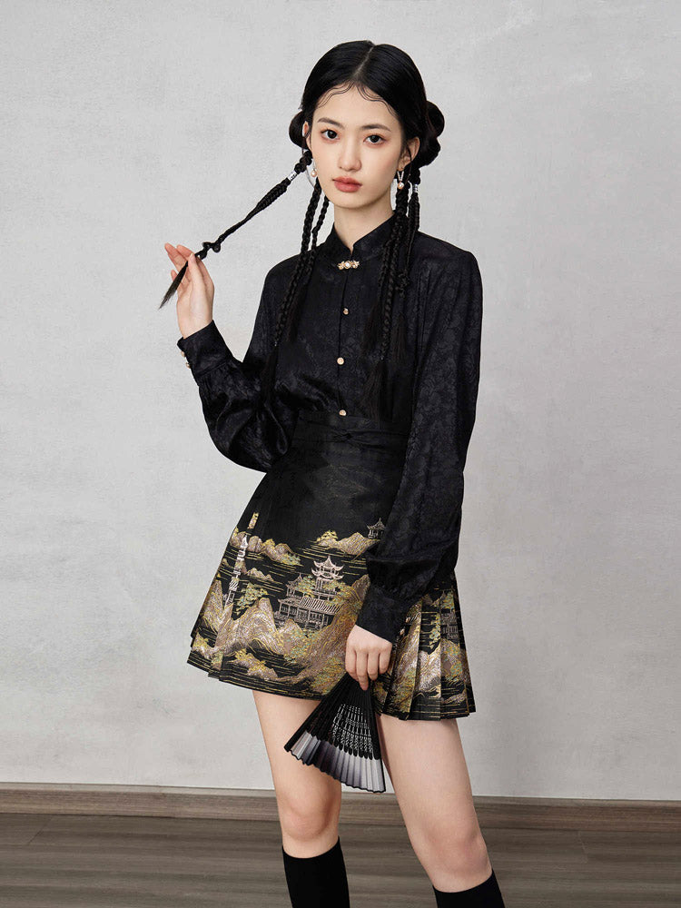 Mountains, Waters, and Pavilions – Woven Gold Short Mamianqun Skirt Neo-Hanfu Mini Skirt-Lovesyouforever