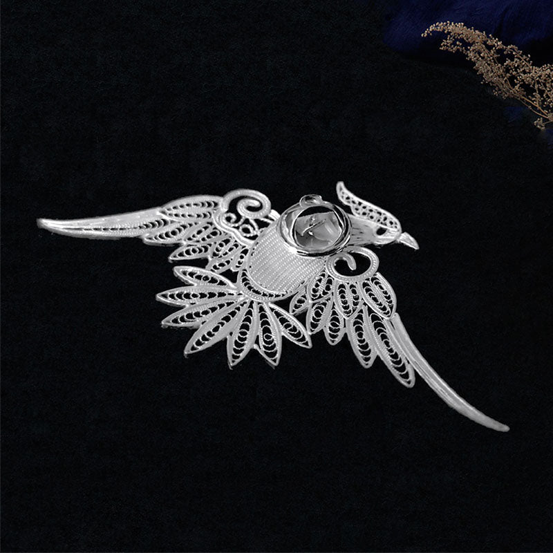 Vintage Plain Silver Filigree Auspicious Bird Phoenix Brooch for Women-Lovesyouforever