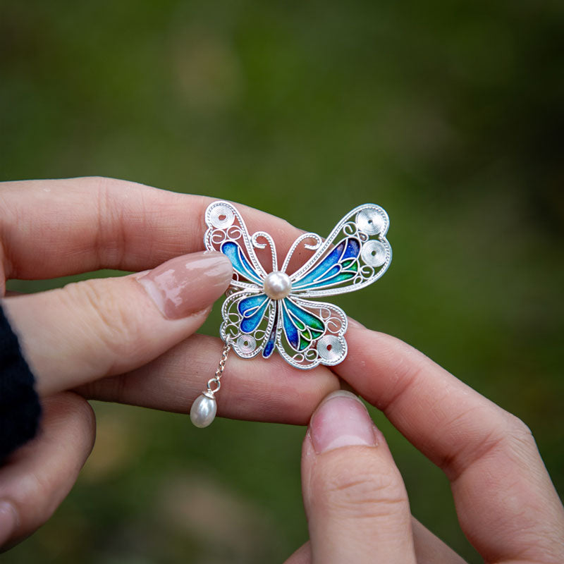 Vintage Cloisonné Silver Filigree Butterfly Inlaid Natural Freshwater Pearl Pendant / Brooch Jewelry Gift-Lovesyouforever