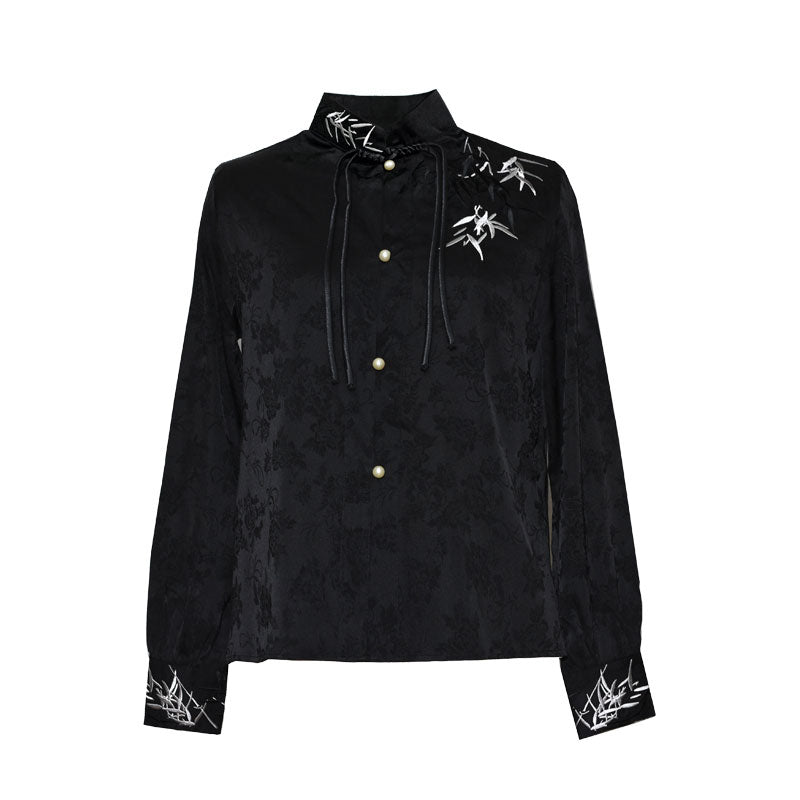 Morden Chinese Embroidered Bamboo Leaf Jacquard Satin Fabric Hanfu Shirt Blouse, paired with Mamianqun Skirt-Lovesyouforever