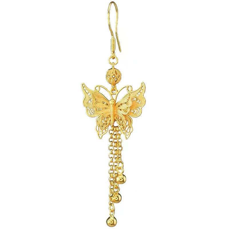 Handcrafted Vintage 999 Sterling Silver Double Butterfly Tassel Filigree Earrings-Lovesyouforever