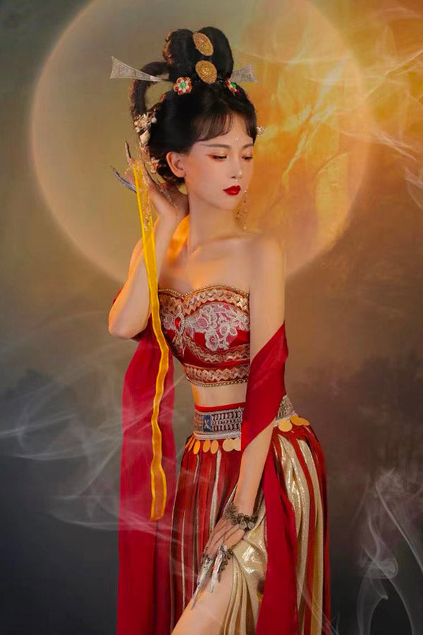 Red Dunhuang Feitian Style Embroidery Hanfu Costume Set-Lovesyouforever