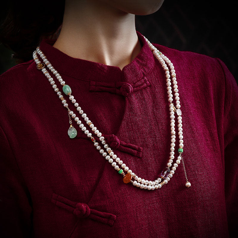 Exclusive Design Chinese Style Vintage Pearl Necklace with Fine Jade Tourmaline Gems-Lovesyouforever