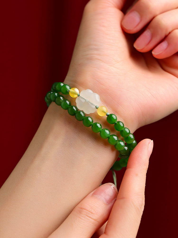 Xinjiang Hetian Jade Bracelet Adorned with a Four Leaf Clover Green Jade Biyu Bracelet-Lovesyouforever