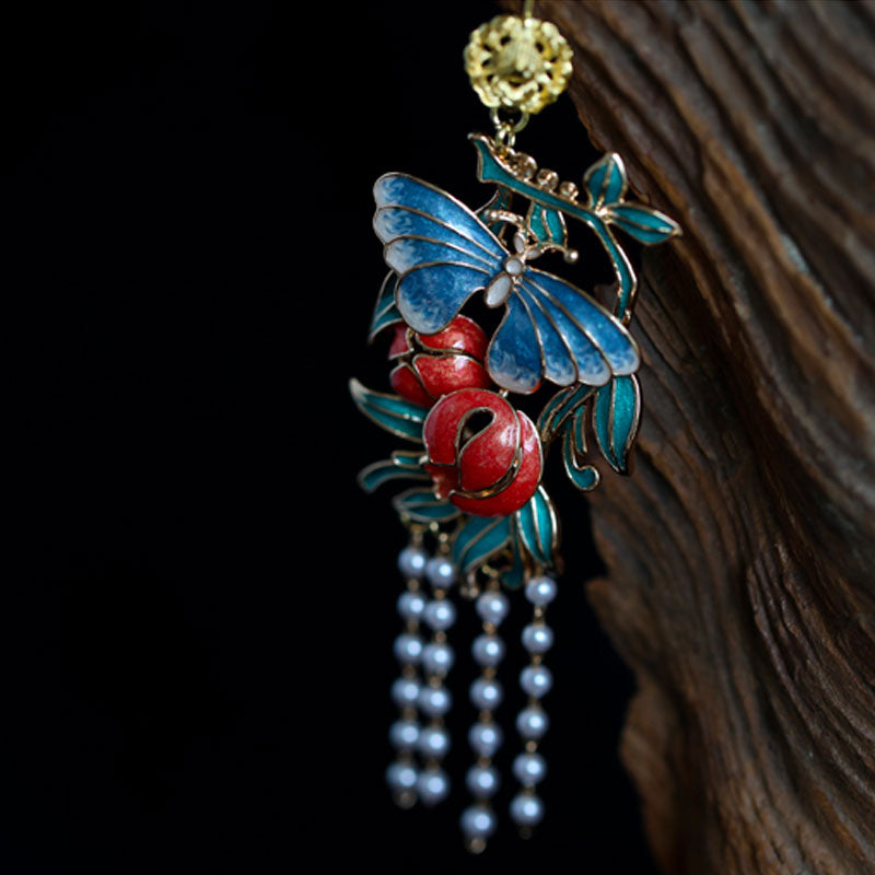 Ancient Chinese Style Butterfly and Flower Artificial Pearl Tassel Earrings-Lovesyouforever
