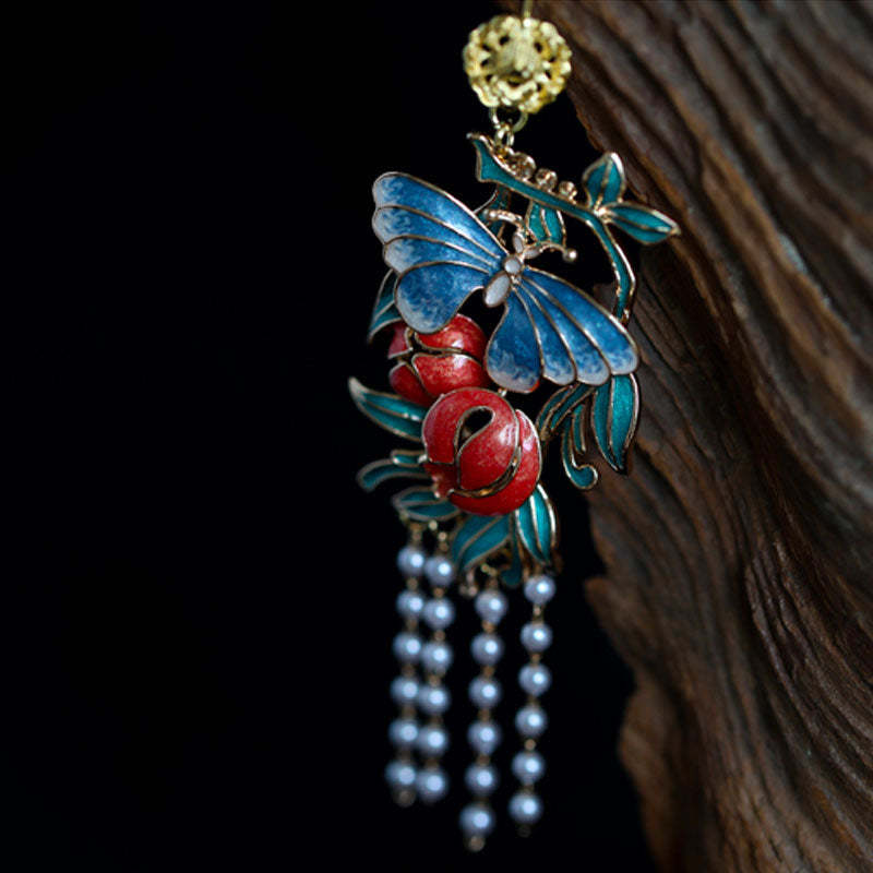 Ancient Chinese Style Butterfly and Flower Artificial Pearl Tassel Earrings-Lovesyouforever