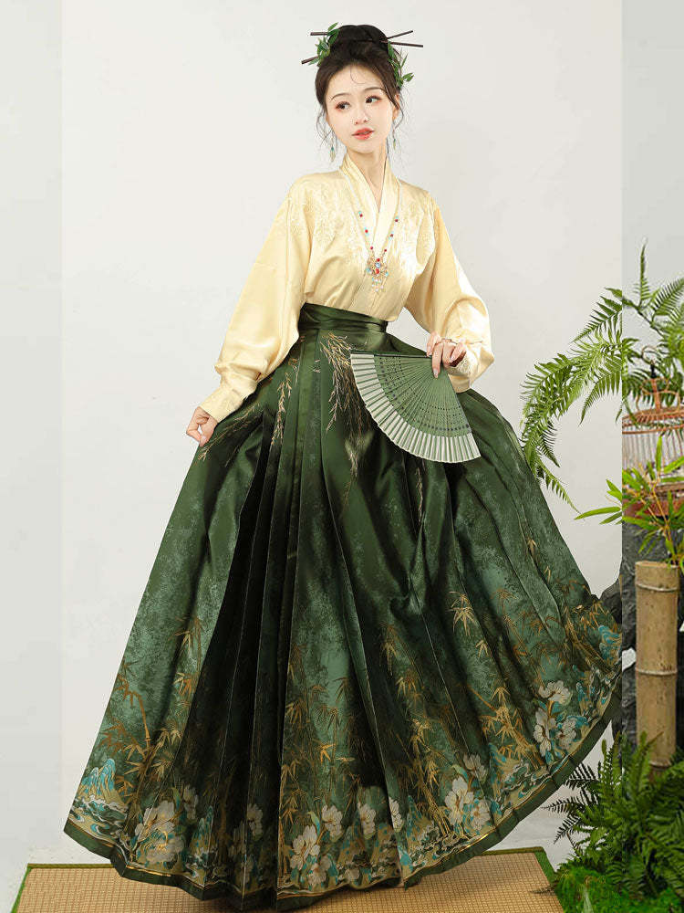 Flickering Bamboo Shadows - Green Vintage Woven Gold Mamianqun Skirt-Lovesyouforever