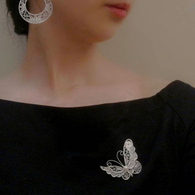 Vintage Plain Silver Filigree Butterfly Brooch Inlaid with Natural Freshwater Pearl-Lovesyouforever