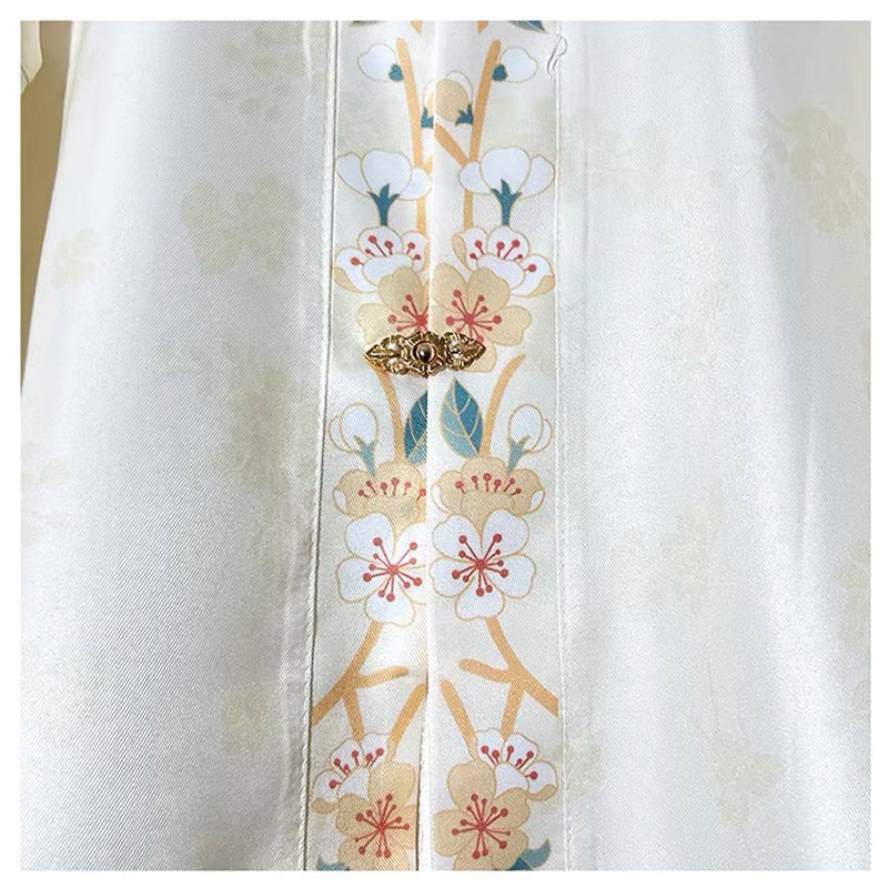 Ming Dynasty Stand-up Collar Beige Printed Front Placket Improved Daily Hanfu Shirt Top-Lovesyouforever