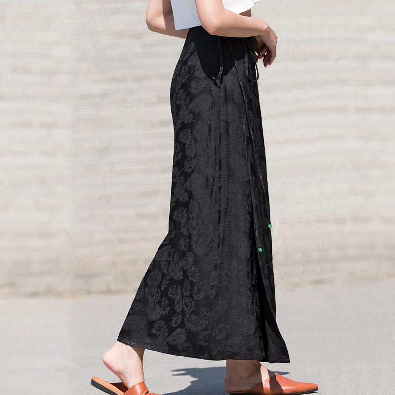 Black Vintage Chinese-style Feather Pattern Jacquard Midi Skirt for Women-Lovesyouforever