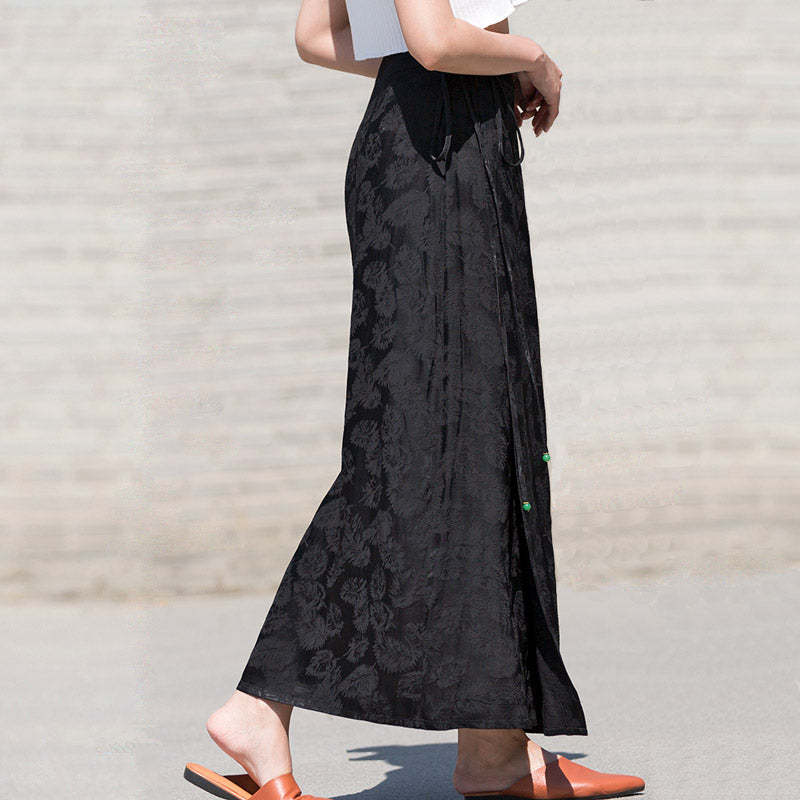 Black Vintage Chinese-style Feather Pattern Jacquard Midi Skirt for Women-Lovesyouforever