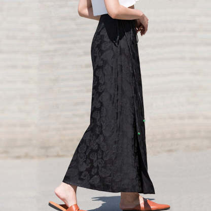 Black Vintage Chinese-style Feather Pattern Jacquard Midi Skirt for Women-Lovesyouforever