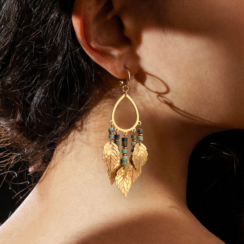 Handmade Natural Vintage Style Gold Leaf Tassel Earrings with African Turquoise-Lovesyouforever