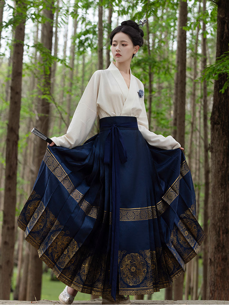 Traditional Chinese Retro Double Phoenix Pattern Woven Gold Mamianqun Skirt-Lovesyouforever