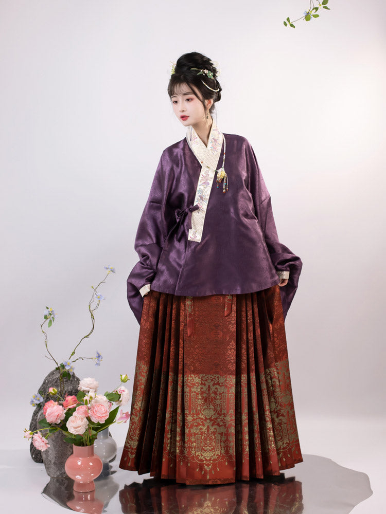 Chinese Style Purple Pipa Sleeve Jacquard Dark Embroidery Ming Dynasty Cross-collar Top Blouse-Lovesyouforever