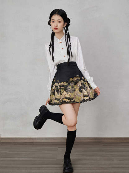 Mountains, Waters, and Pavilions – Woven Gold Short Mamianqun Skirt Neo-Hanfu Mini Skirt-Lovesyouforever