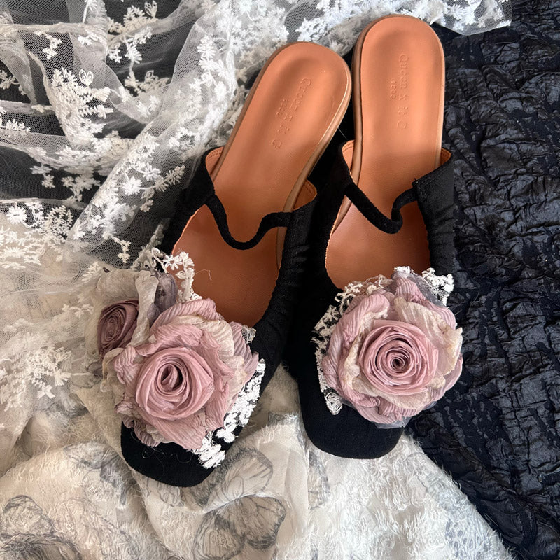 Handmade Vintage Chinese Style Cloth Art Elegant Wabi-Sabi Dried Rose Flower Flat Shoes-Lovesyouforever
