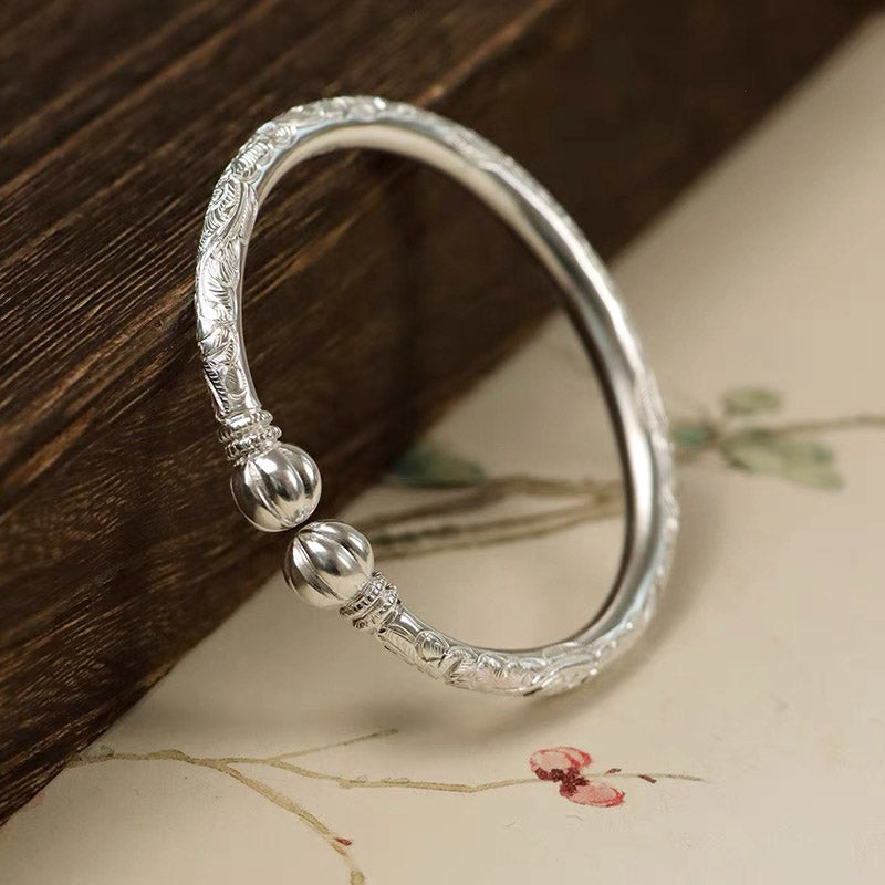 Vintage Chinese Style Hand-Carved Peony Flower Pure Solid Silver Bangle Bracelet with Pumpkin Shaped Opening Cuff-Lovesyouforever