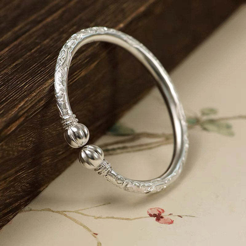 Vintage Chinese Style Hand-Carved Peony Flower Pure Solid Silver Bangle Bracelet with Pumpkin Shaped Opening Cuff-Lovesyouforever