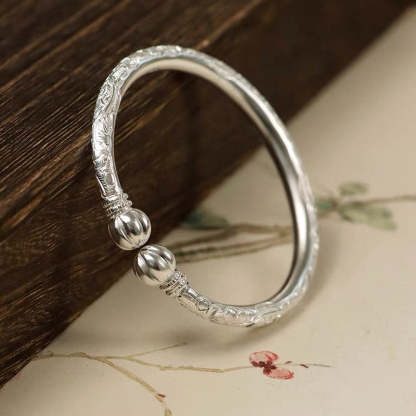 Vintage Chinese Style Hand-Carved Peony Flower Pure Solid Silver Bangle Bracelet with Pumpkin Shaped Opening Cuff-Lovesyouforever
