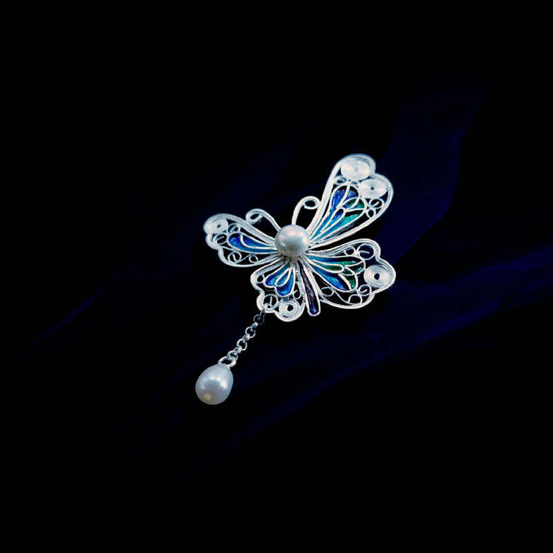 Vintage Cloisonné Silver Filigree Butterfly Inlaid Natural Freshwater Pearl Pendant / Brooch Jewelry Gift-Lovesyouforever
