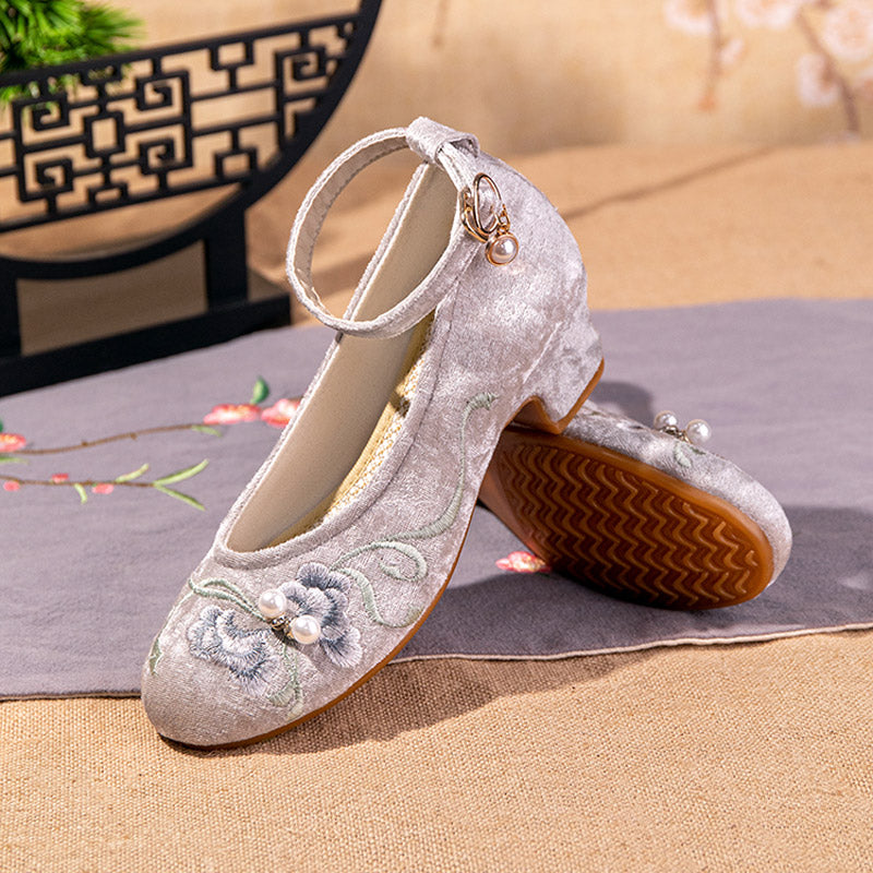 Women's Ankle Strap Mid-Heel Pumps with Embroidery-Lovesyouforever