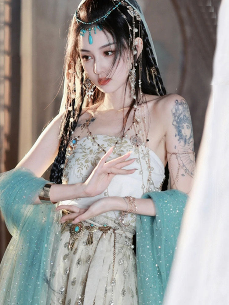 Elegant Color Dunhuang Feitian Cosplay Western Region Hanfu Costume Four-Piece Set-Lovesyouforever
