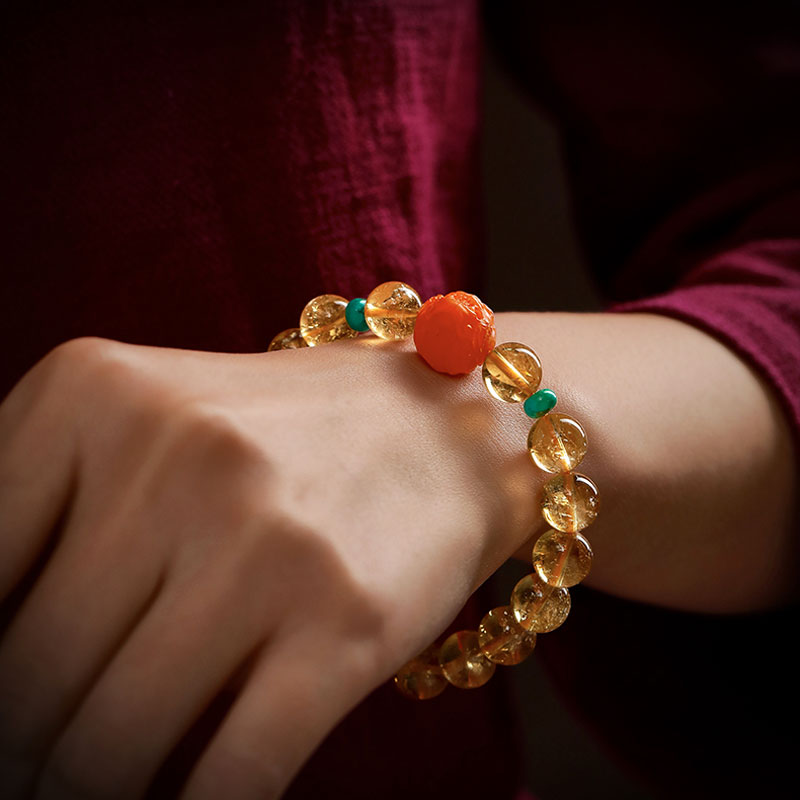 Natural Yellow Citrine Bracelet with South Red Agate Pixiu and Turquoise Beads-Lovesyouforever