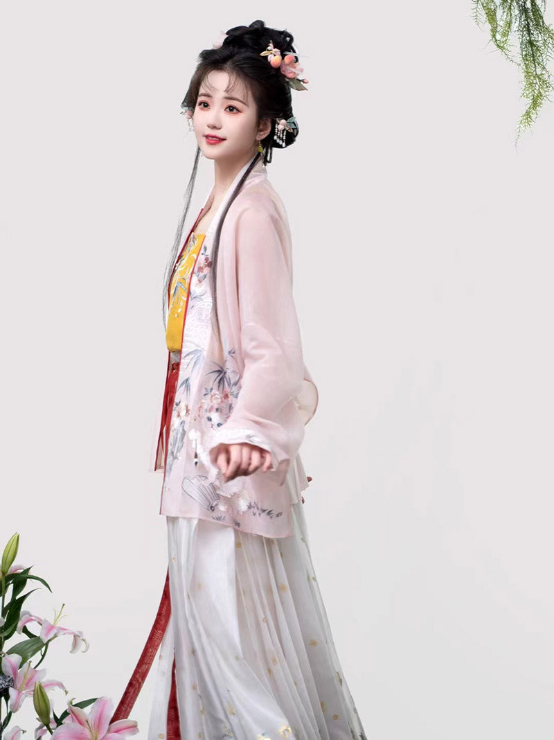 Bamboo Leaves Flowers and Cat Embroidery Casual Pink Hanfu Set-Lovesyouforever